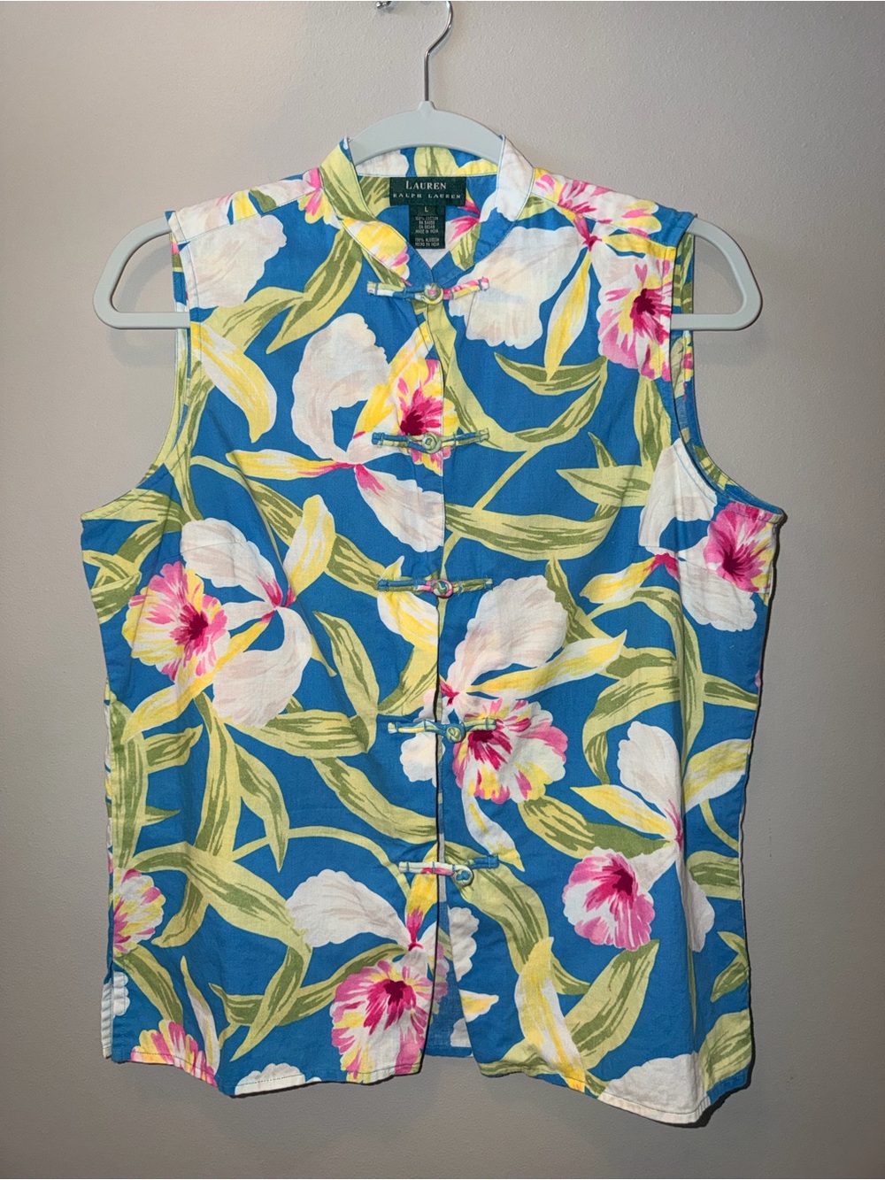 Lauren Ralph Lauren 100% cotton Floral Mandarin Collar Sleeveless Top Vest luxe